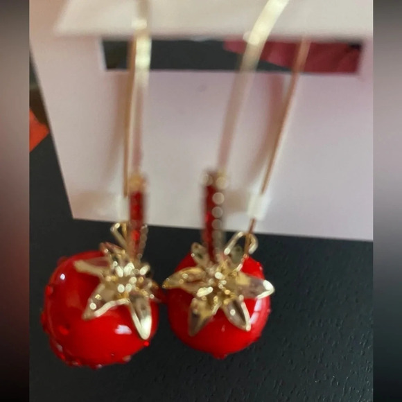 BETSEY JOHNSON Dangle Shepherd’s Hook Strawberry Crystal-Studded Earrings NWT - Picture 2 of 4